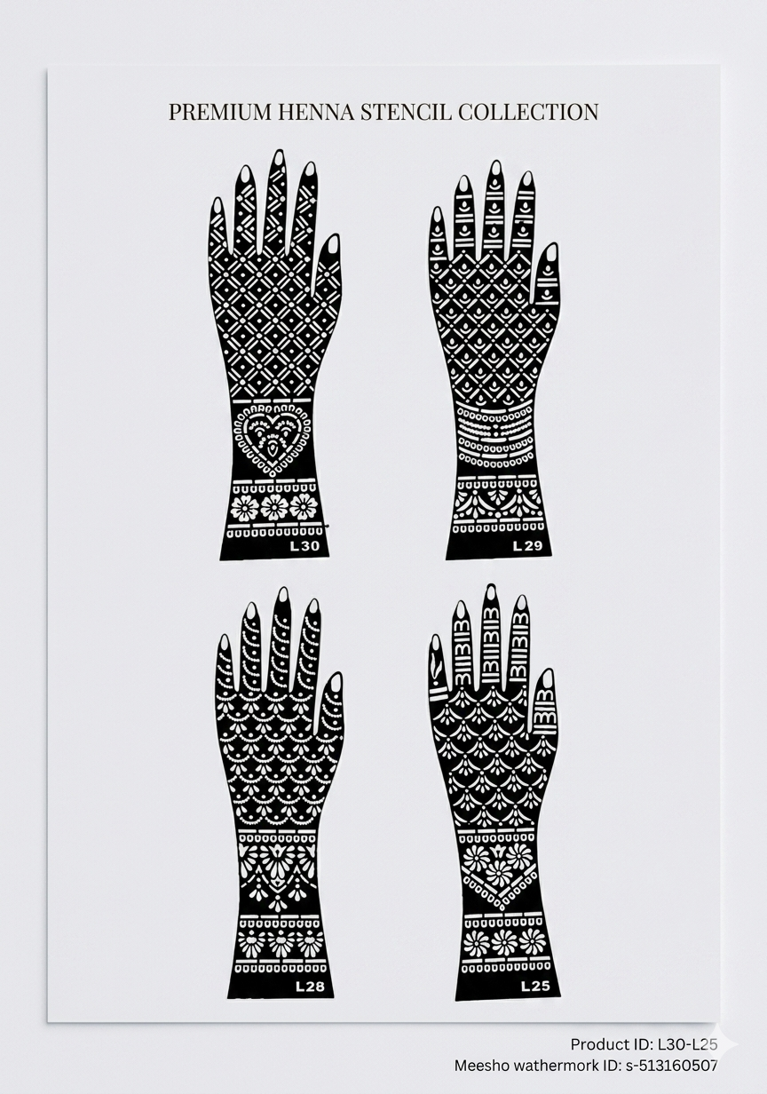 Bridal Mehendi Stencils (Pack of 4) Long hand Stencil Full hand Fingers