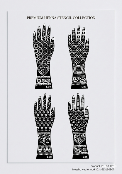 Bridal Mehendi Stencils (Pack of 4) Long hand Stencil Full hand Fingers