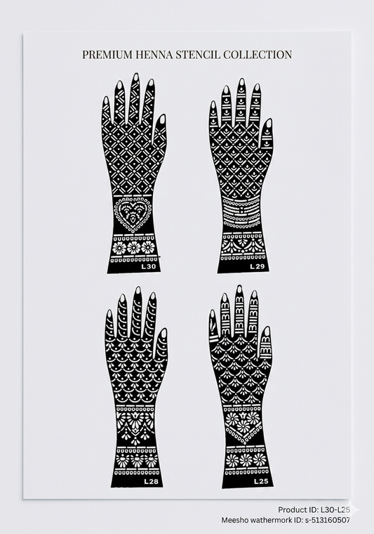 Bridal Mehendi Stencils (Pack of 4) Long hand Stencil Full hand Fingers